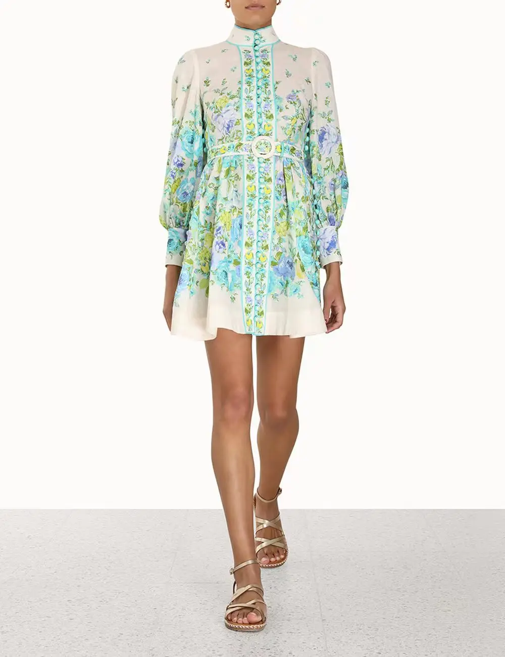 

2023 Linen Top Quality Spring Summer Elegant Vintage Floral Printing Long Sleeve Buttons Belt Woman Mini Dress