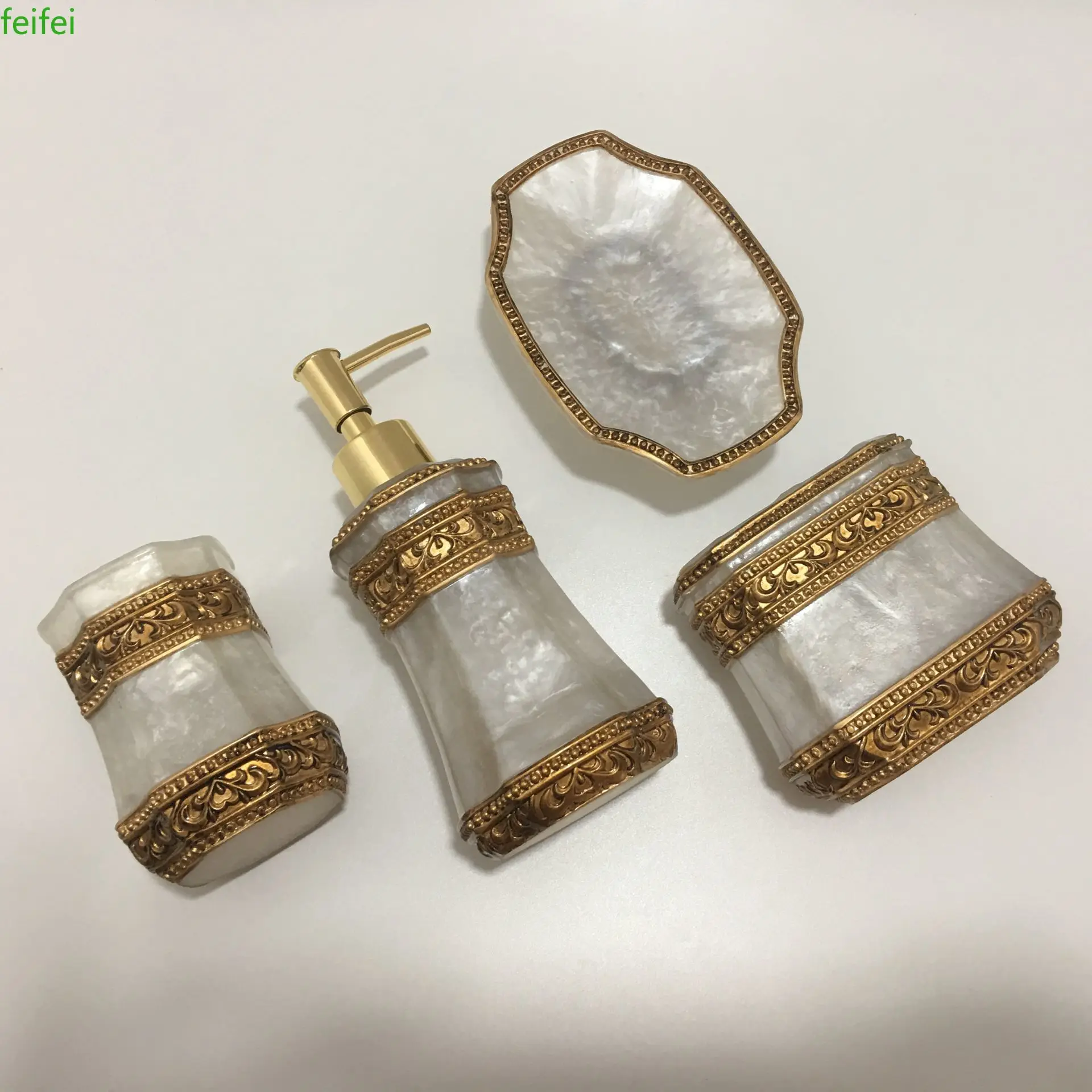 

100% new resin bathroom accessories 4 piece set bath gift set toothbrush holder set tumbler soap dish including soap dispenser