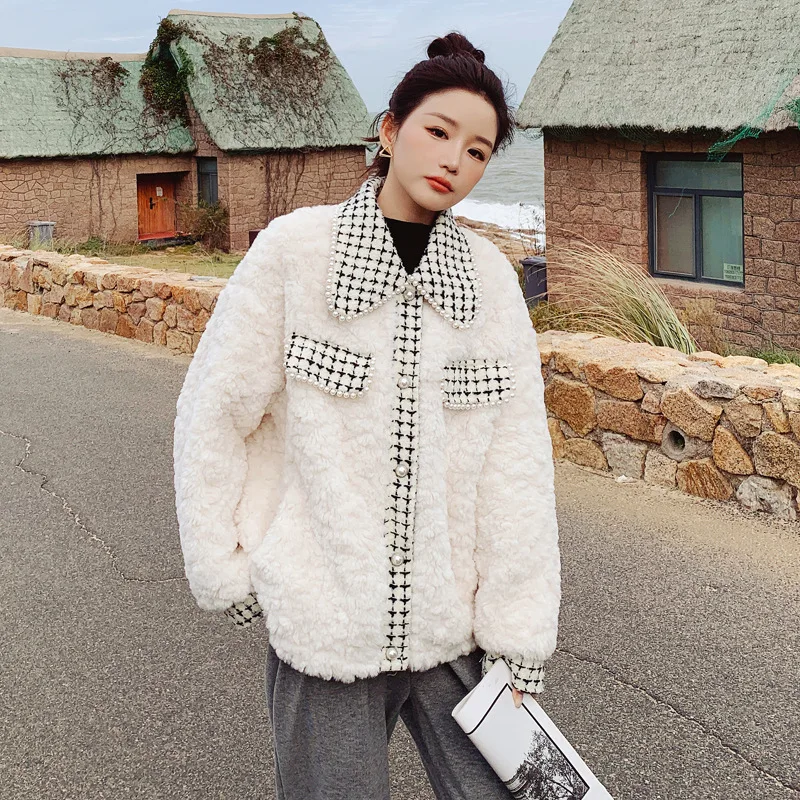 CHECK PATTERN SHORT LAMB WOOL COAT Autumn Winter