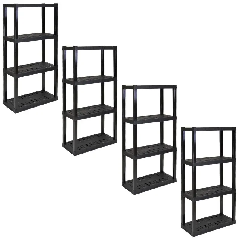 

56" H x 14" D x 30" W 4 Shelf Plastic Garage Shelves, Pack of 4 Storage Shelving, Black 400 lbs Capacity