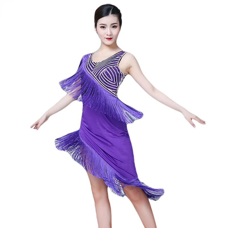 

Women Sexy Sequin Fringe Dress V-Neck Sleeveless Ballroom Cha Cha Party Tassel Dress Sequined High Low Hem Bodycon Dance Dress