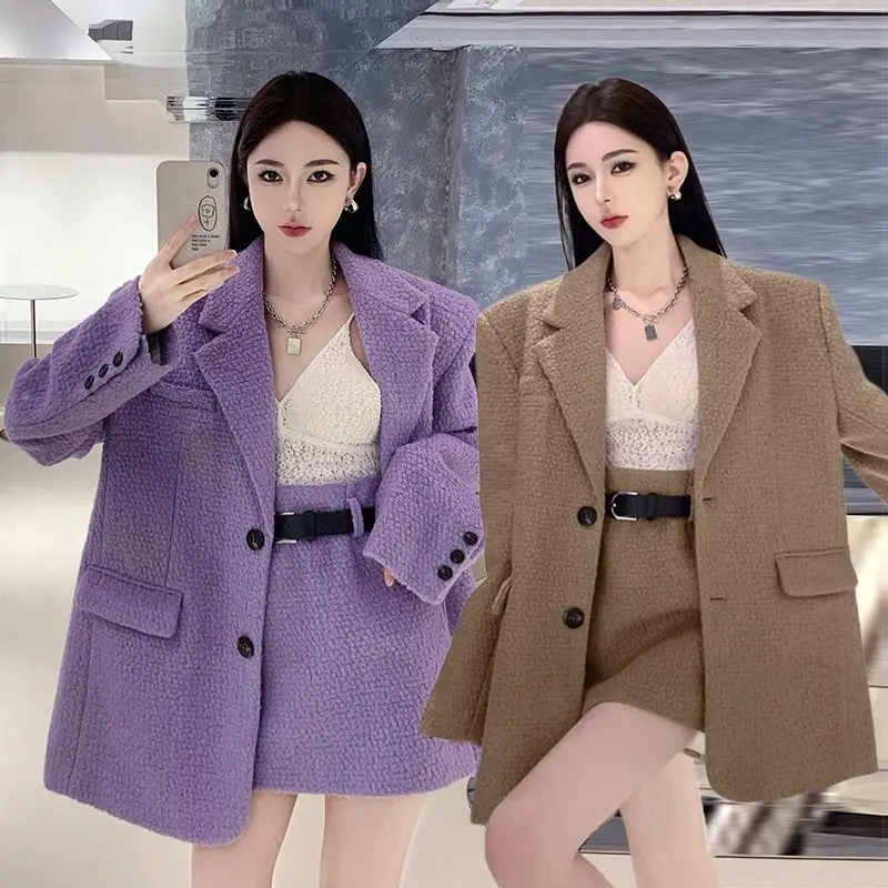 

Женские костюмы UNXX в роскошном элегантном стиле, новая утепленная шерстяная куртка с воротником-костюмом, шерстяная юбка-карандаш с высокой талией, топ на осень и зиму