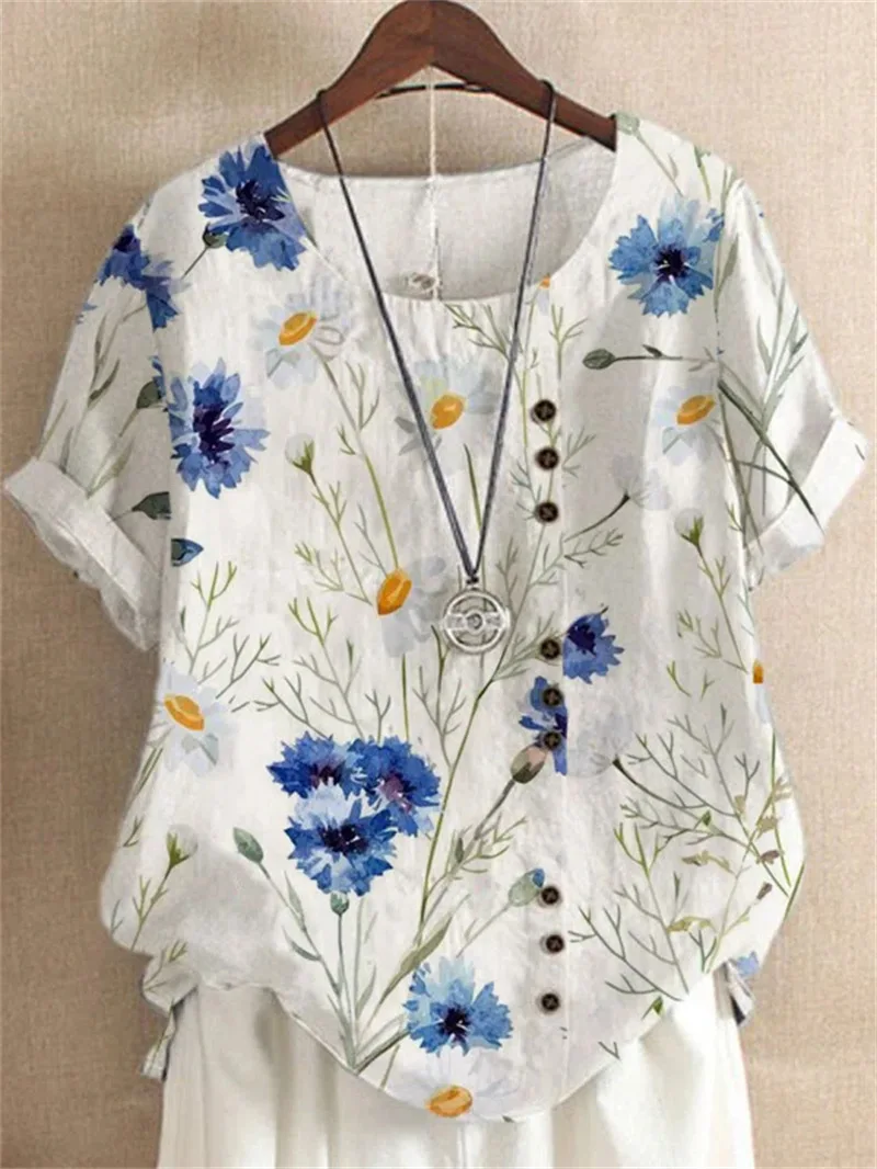 Summer Cotton Linen Printed Flower Shirt Women Casual O-Neck Short Sleeve Button White Pullover Top Ladies Elegant Street Blous