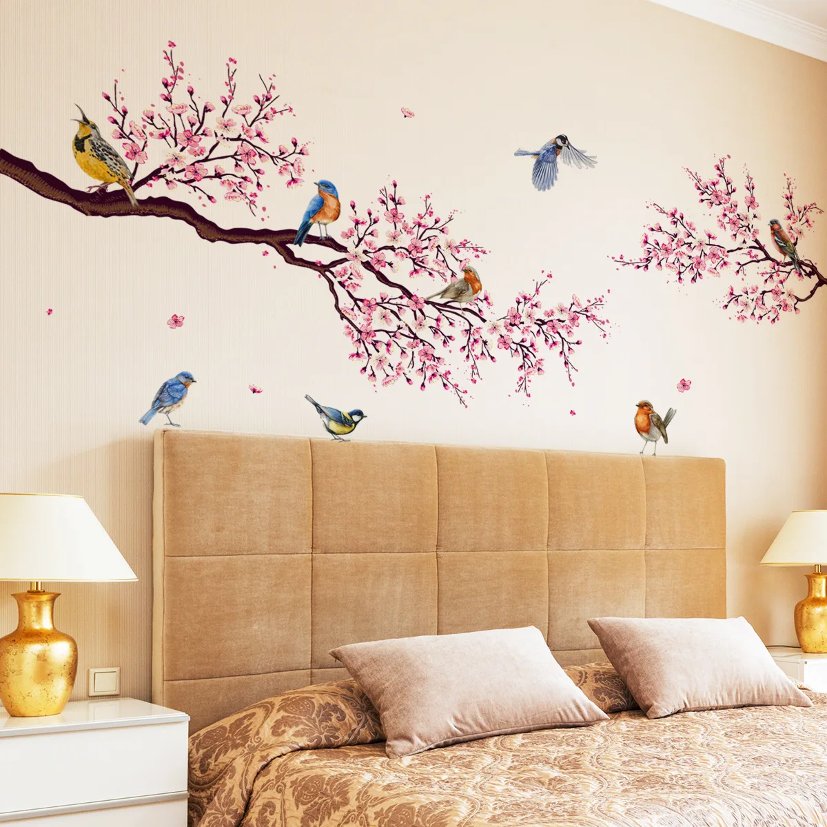 

Peach Blossom Branch And Bird Wall Decal Paper Living Room Background Wall Room Decoration Wall Decal Self Adhesive Wall Decal