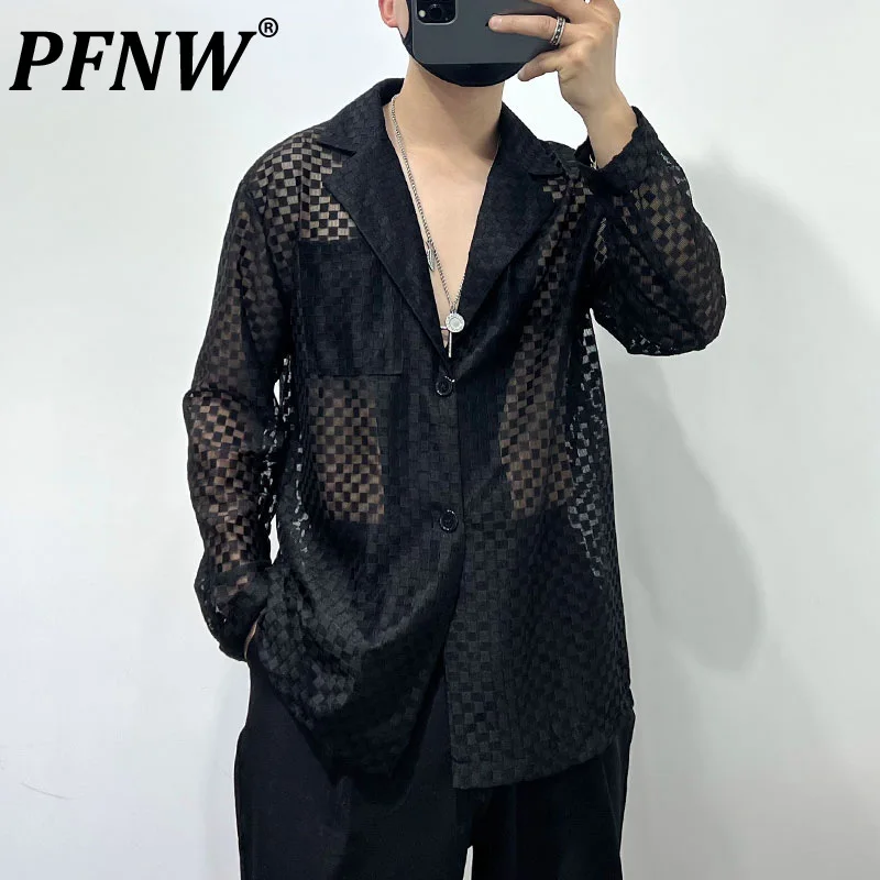 

PFNW Summer Men's Tide Darkwear Personalized Hollow Out Shirts Niche Design Perspective Sun Protection Solid Color Tops 12A9906