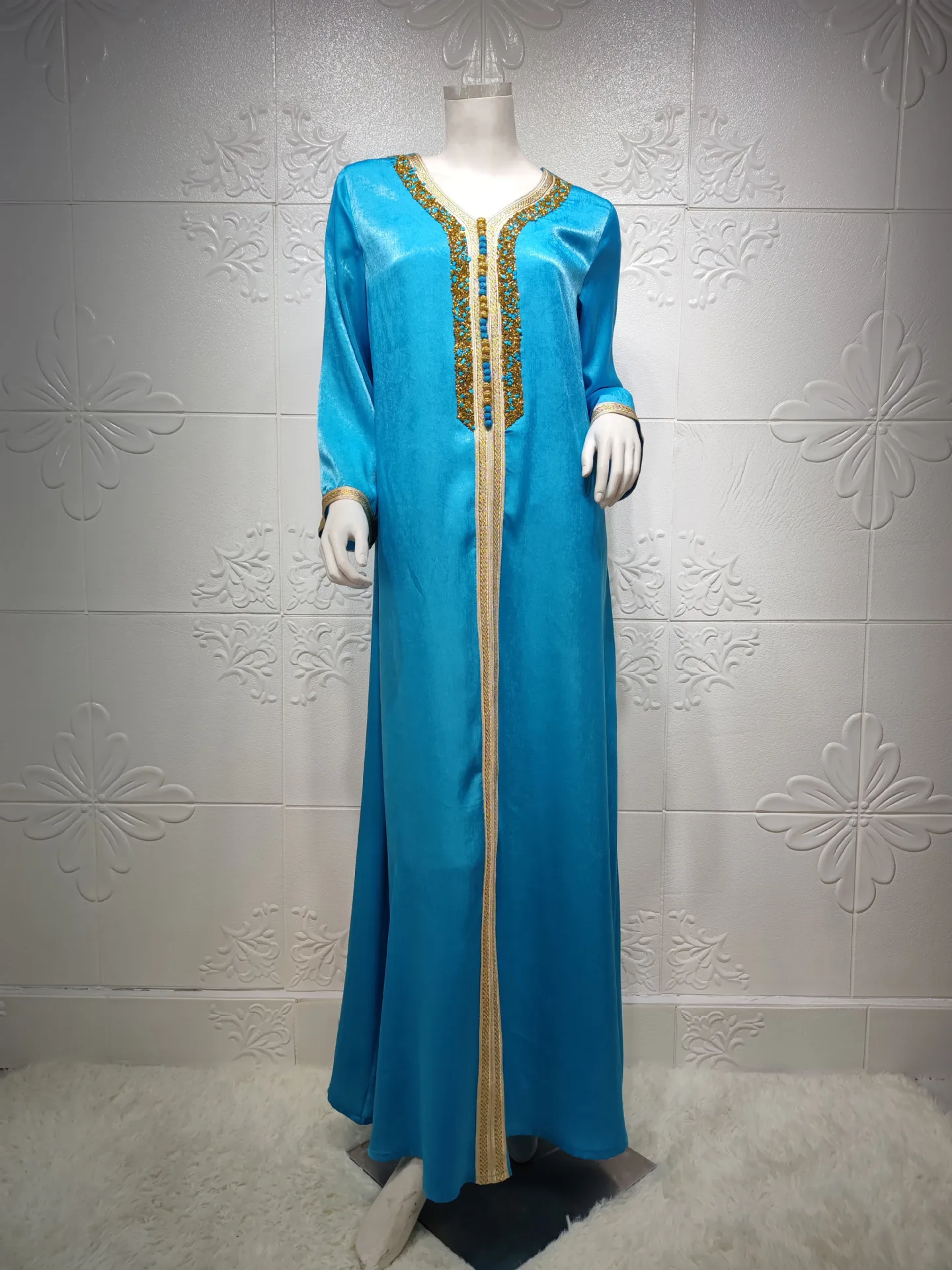 2023 Women's Dress Hot Gold Beaded Webbing Lace Abaya Dubai Muslim Fashion Ladies Gown  عبايات نسائيه  Abaya Dress