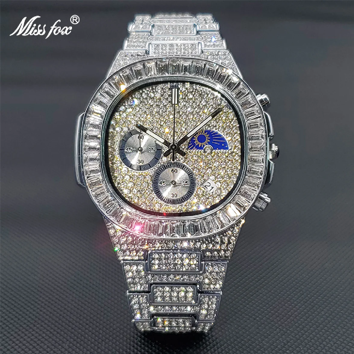 

New Montre Luxe Homme Ice Out Moissanite Three Dial Men's Chronograph Watch Moon Phase Quartz Wristwatch Dropshipping