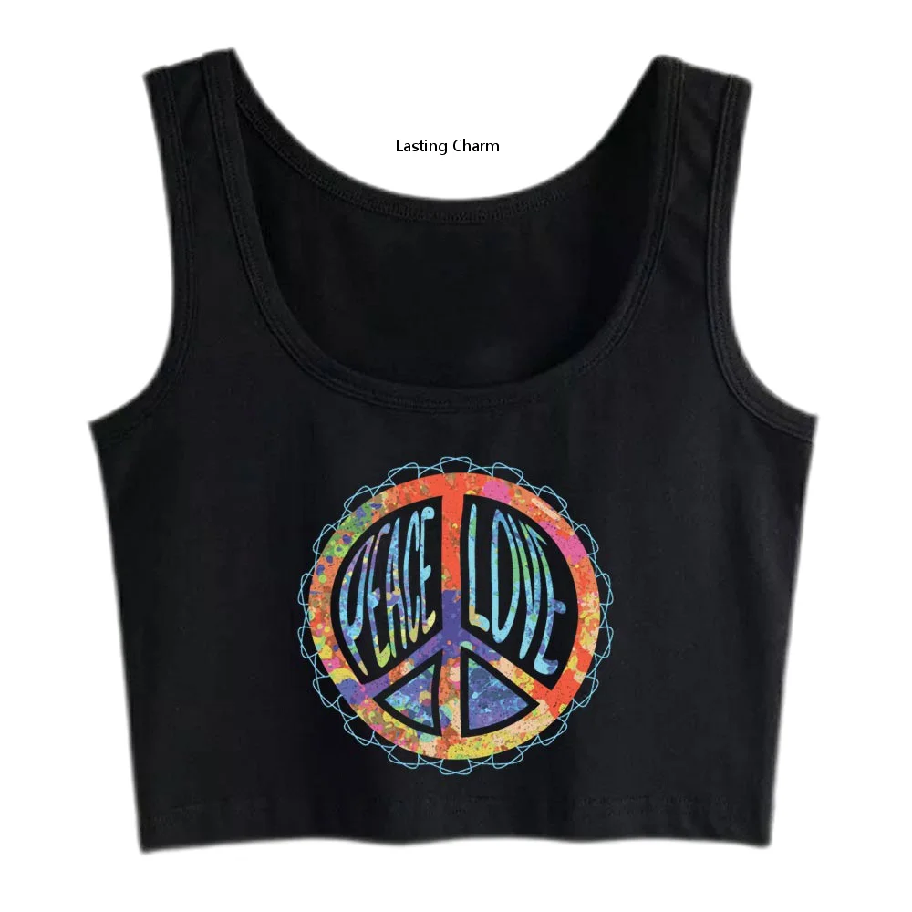 

Lasting Charm Peace Love Hippie Sign 60S 70S Colorful Tiedye O-Neck Custom Y2k Women's Crop Top