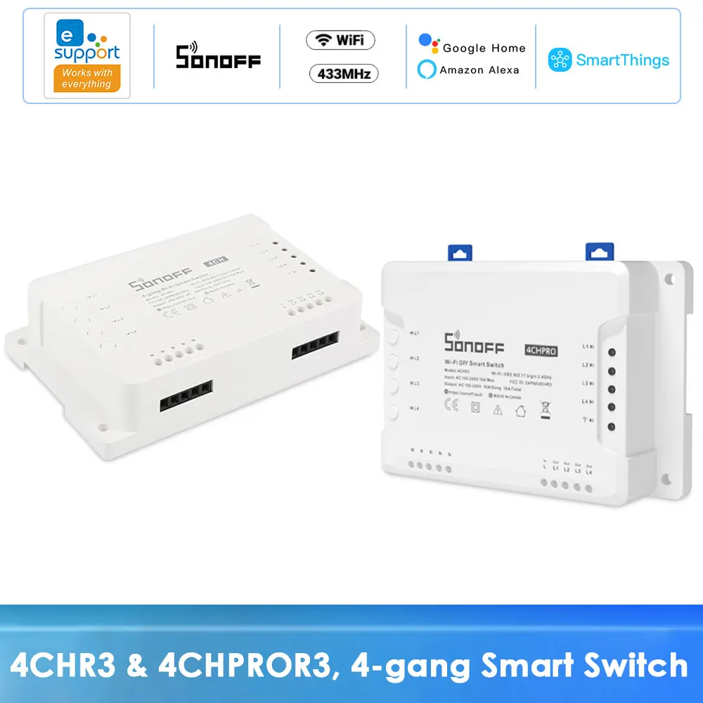 Смарт-переключатель SONOFF 4CHR3 4CHPROR3 4-gang/4 Way Wifi 433mhz RF Control Support Alexa Google Smartthings Яндекс Alice