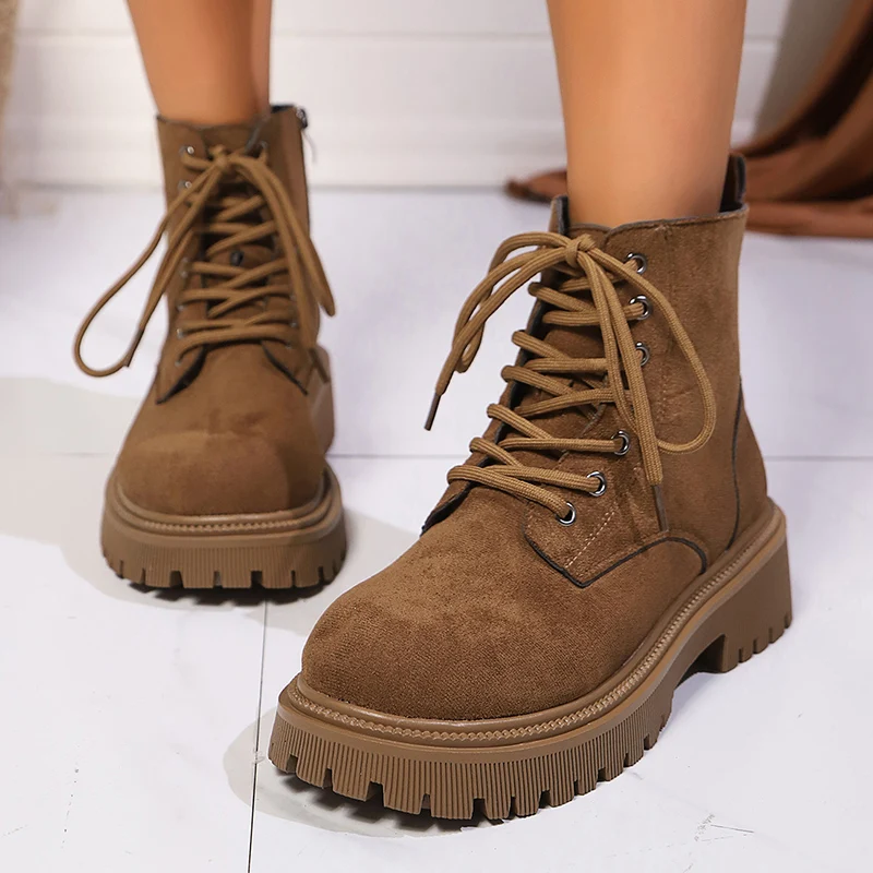 Женские ботильоны на платформе Dark Borwn мотоциклетная обувь толстой подошве с