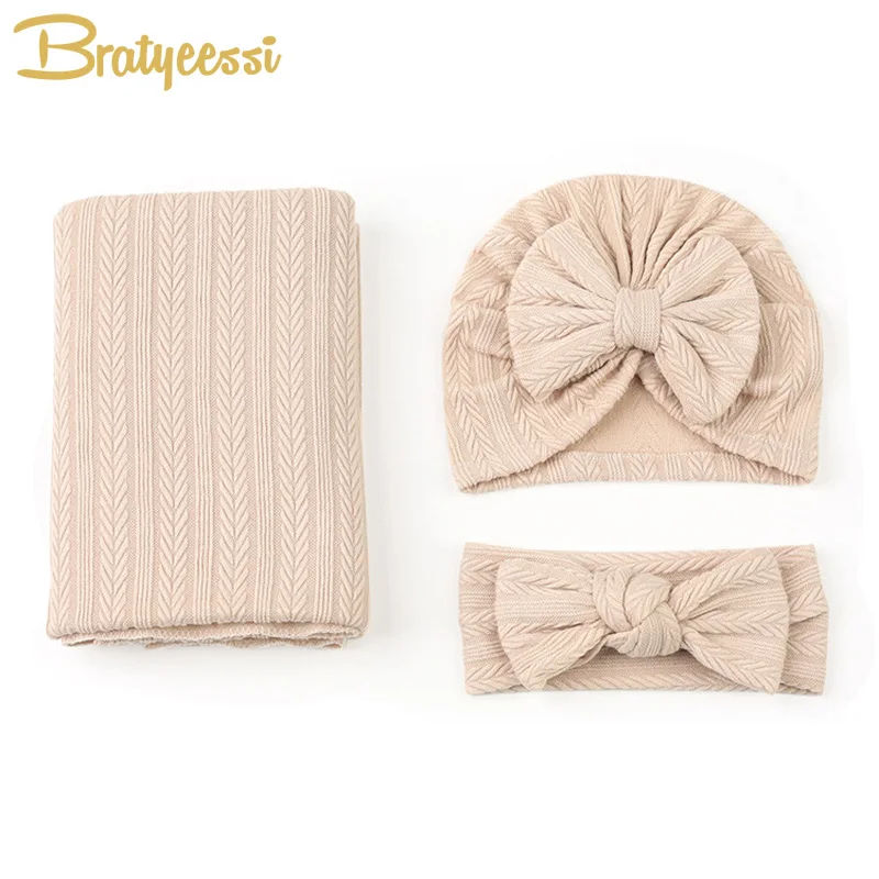 

3 PCS Newborn Blanket Headband Hat Set Baby Swaddling Wrap Bedding Infant Receiving Blankets for Girls Boys New Born Gift