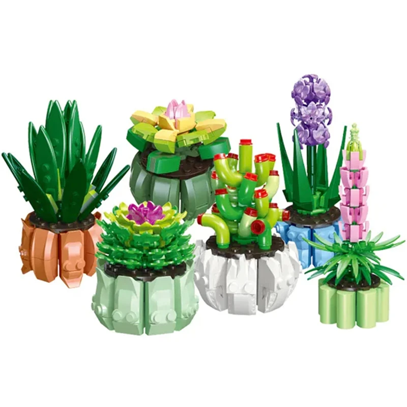 

6pcs/Sets DIY Potted Plants Hyacinth Succulents Cactus Lotus Bonsai Gardens Romantic Building Blocks Model Bricks Kids Kits Toy