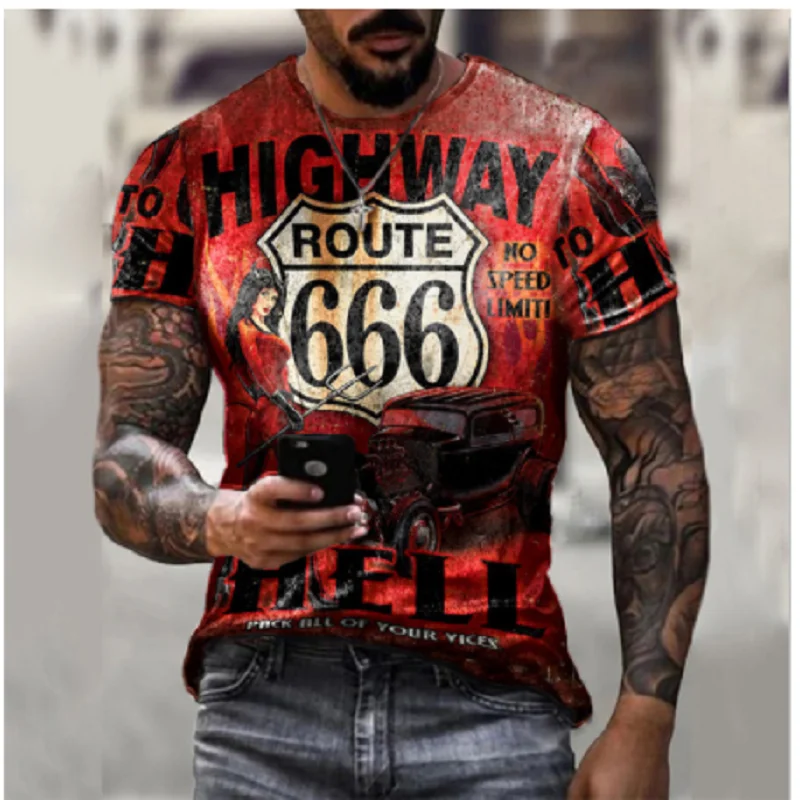 

2022 Summer New Fashion Route 66 Oversized T-Shirt Loose Men's Top Retro 66 Letter Printed Round Neck Short Sleeves