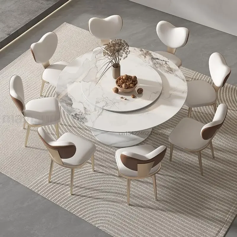 

Light Luxury Kitchen Dining Table Turntable Stainless Steel Frame Round Rock Slate Muebles De Cocinas Modernos Home Furniture