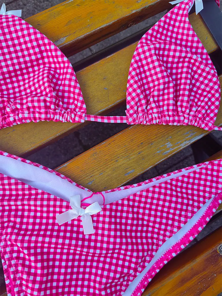 Miyouj треугольные купальники с бантом бикини женские клетчатый купальник принтом