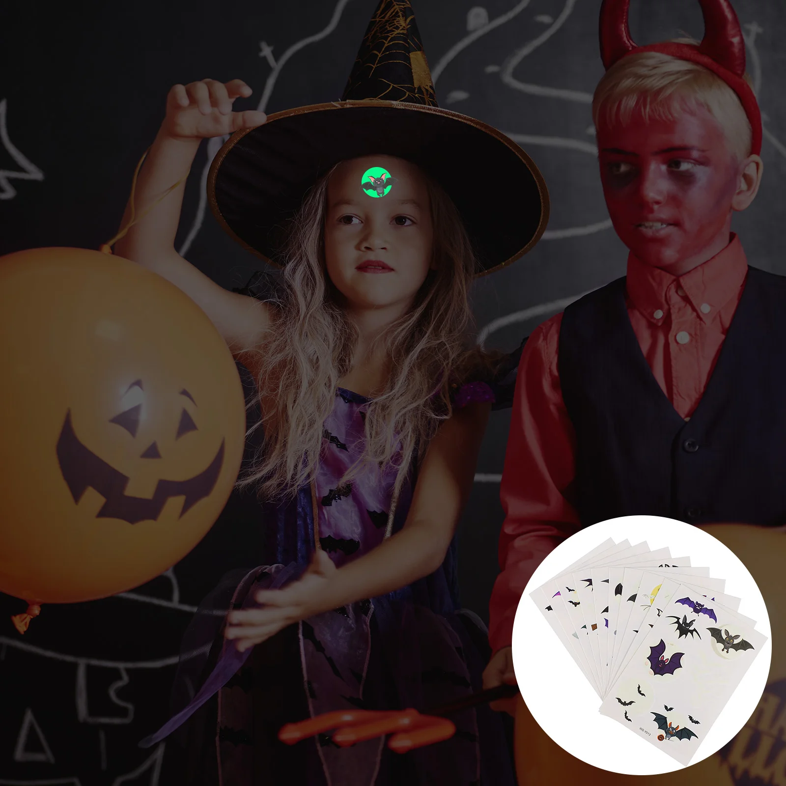 

10 листов мультяшных наклеек, татуировка на Хэллоуин, флуоресцентная фотография, лицо летучая мышь, тело, светящийся ребенок