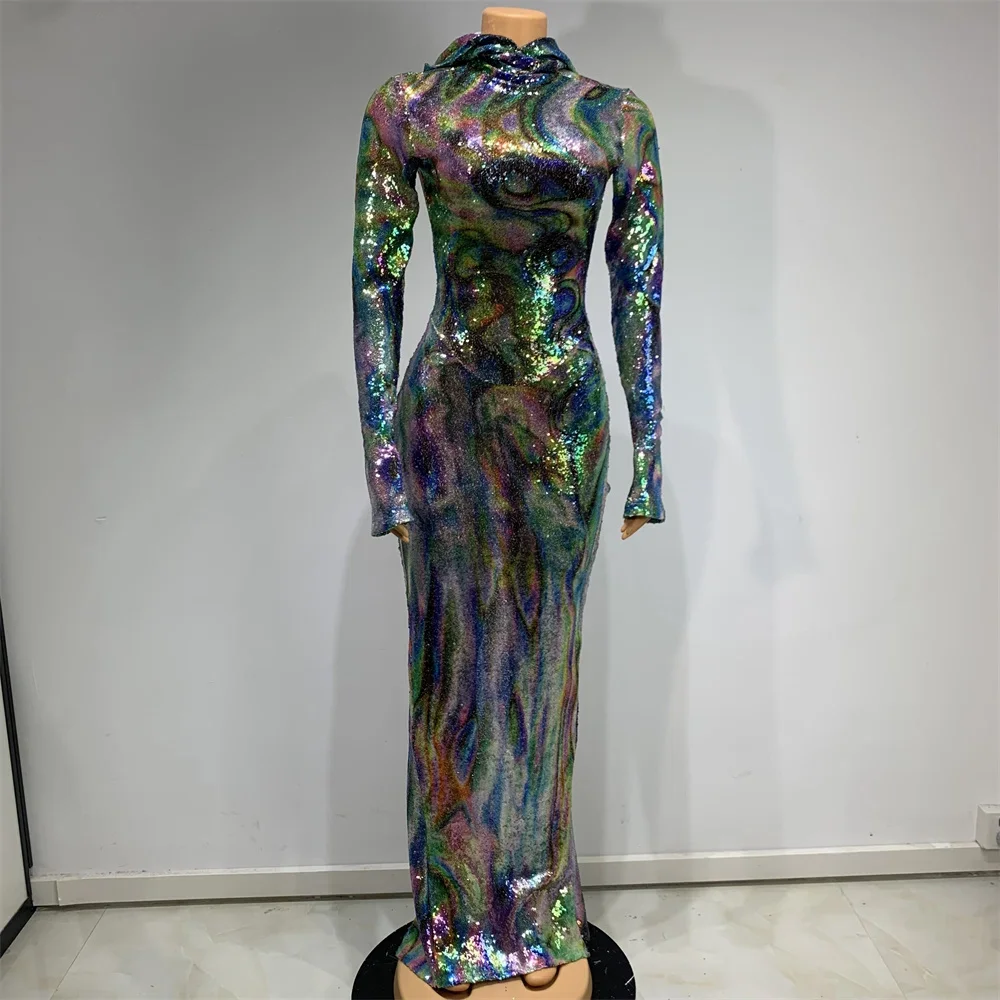 Новейшее платье 2024 женское с капюшоном блестящие блестки красочные длинные