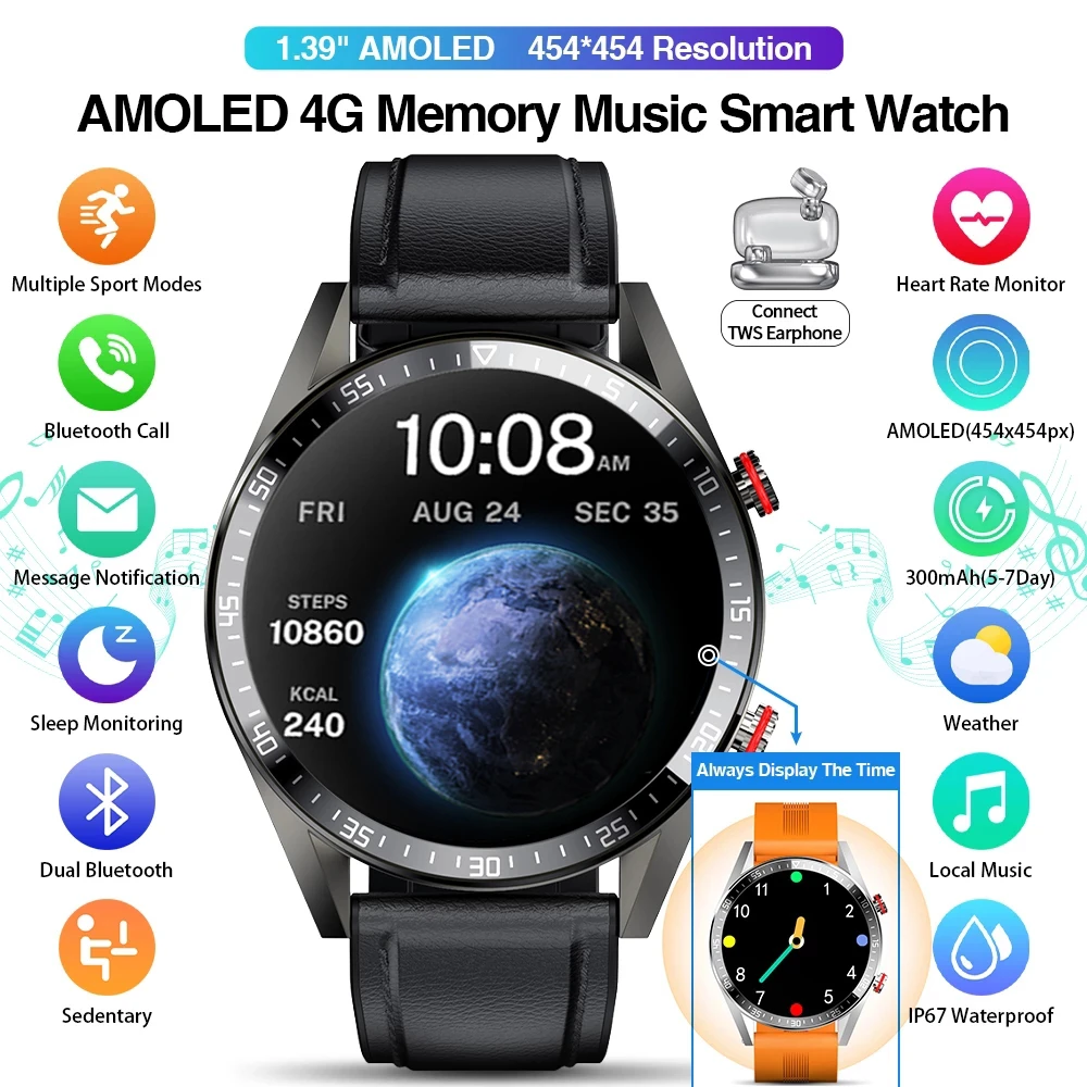 2022 New 454*454 Screen Smart Watch Always Display The Time Bluetooth Call Local Music Smartwatch For Mens Android TWS Earphones