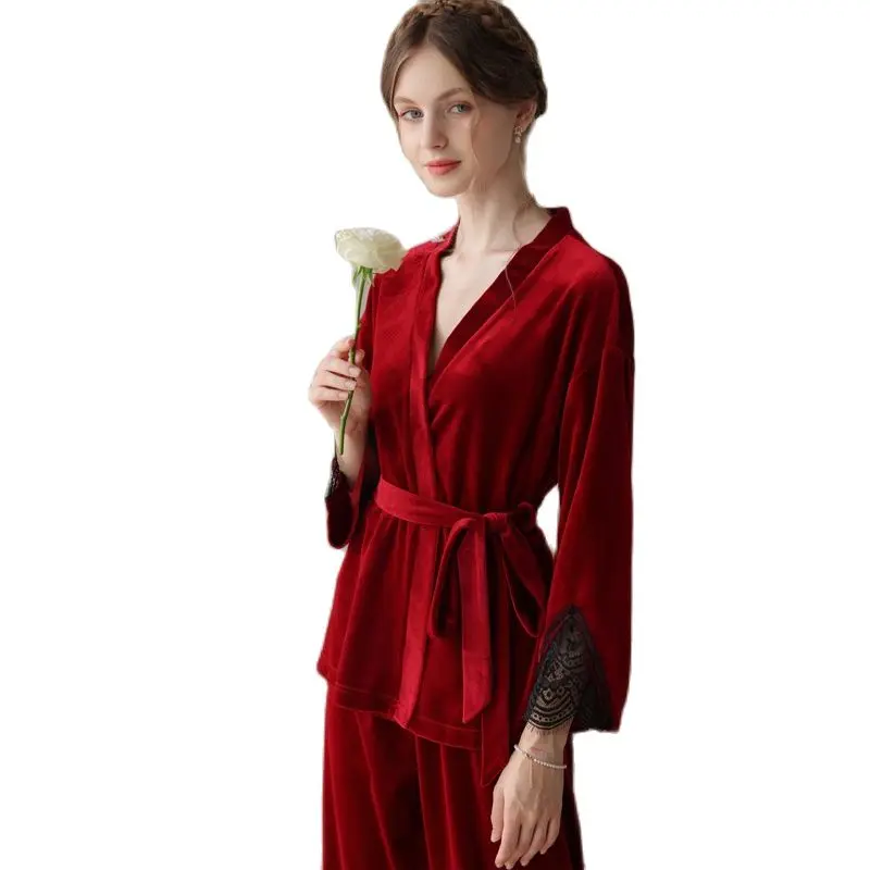 

new Women's pajamas set V-neck design solid color pajamas gold velvet loungewear large size pajamas two-piece set loose pajamas