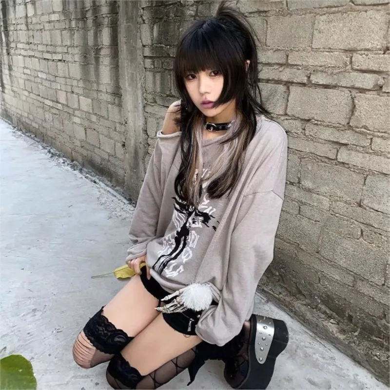 

Long-sleeved women's loose top American retro spring and summer personality street sweet and cool hot girl pullover cross print