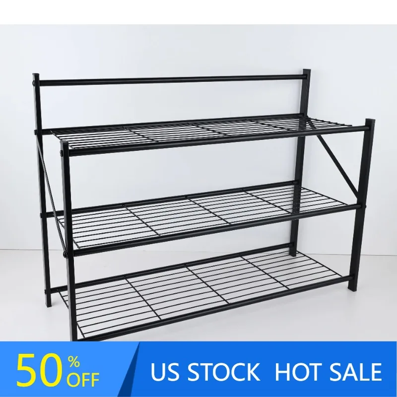 

27 дюймов широкая складная металлическая полка/стойка для обуви, черная краска с порошковым покрытием и 3 уровня