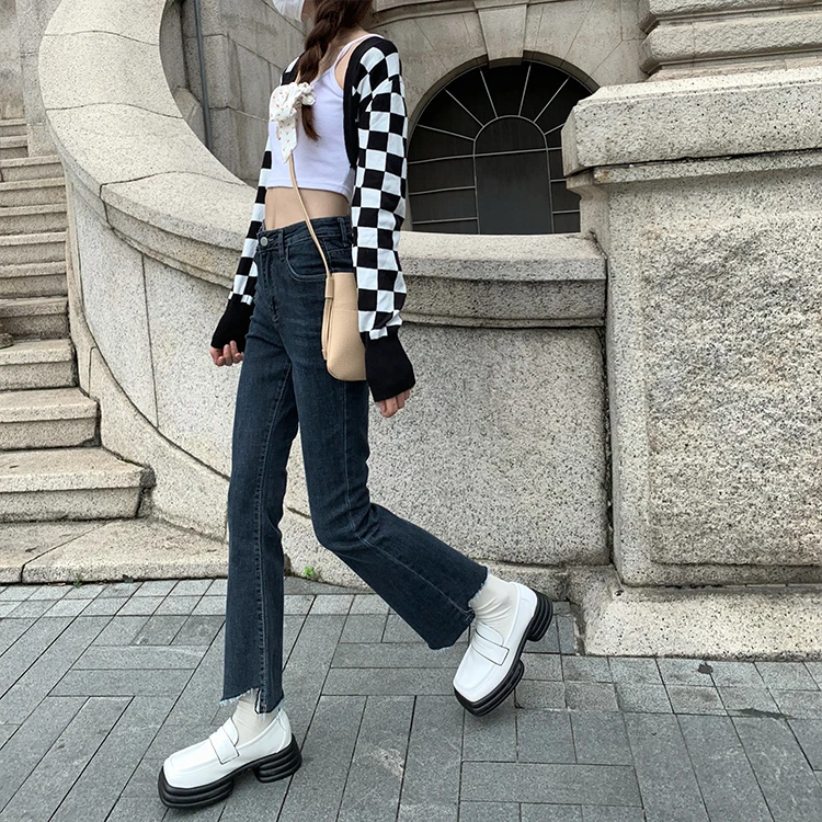 

N3111 High-waisted stretch micro-flare jeans women's new high-waisted slim ripped ninth pants jeans