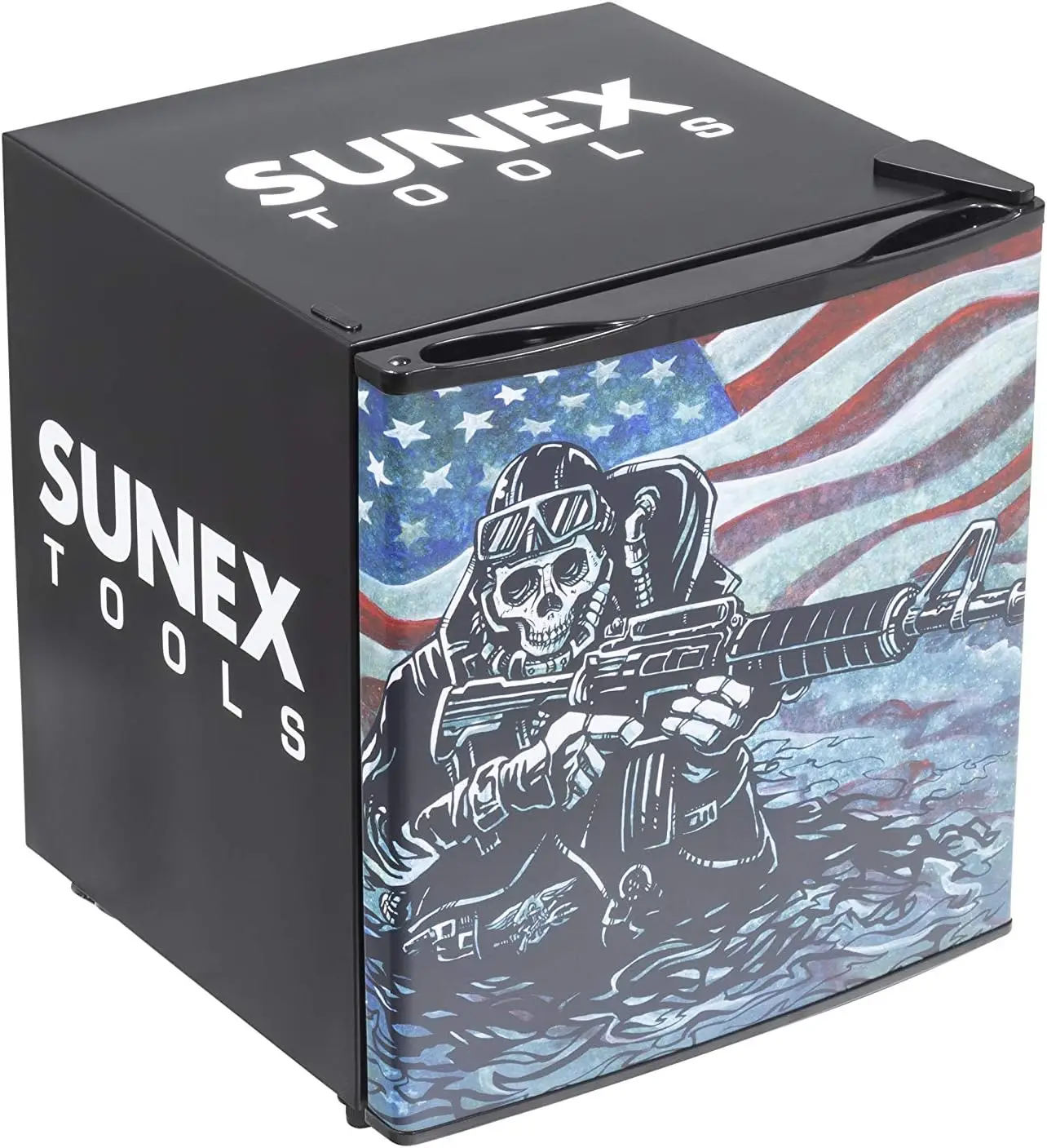 

SUN17USASKULL Mini Refrigerator with david Lozeau Artwork, 1.7 Cubic feet, USA Skull Military Theme