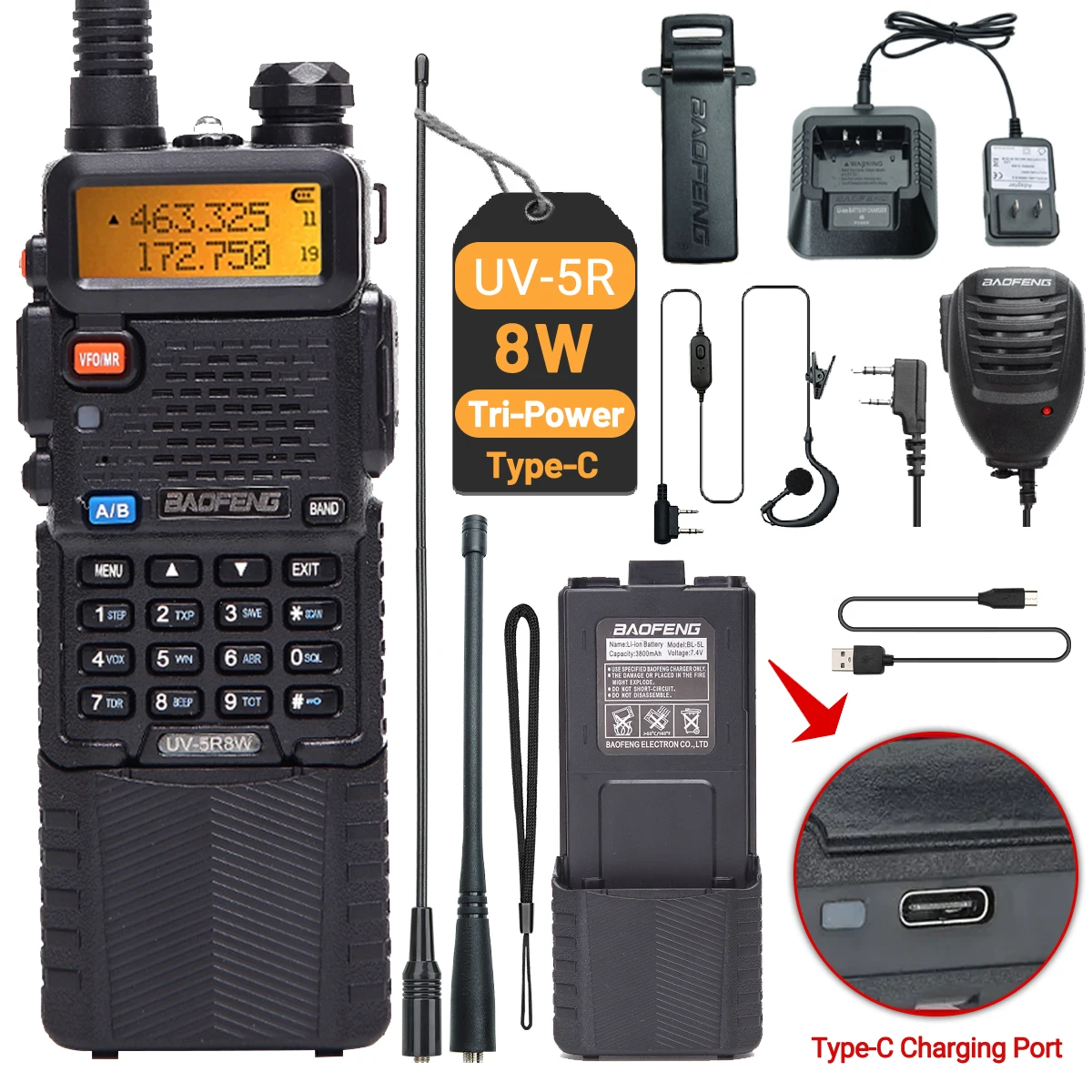 Портативная рация Baofeng UV-5R 8 Вт 3800 мАч трехмощная Type-C высокомощная с зарядкой