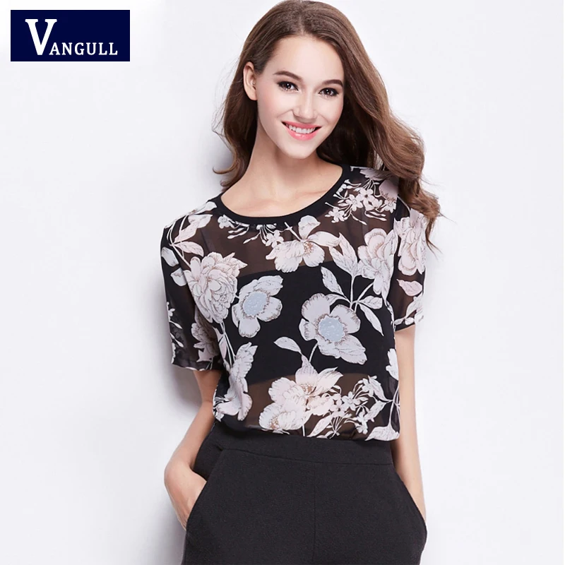 Vangull модная шифоновая рубашка с цветочным принтом Женские топы коротким рукавом
