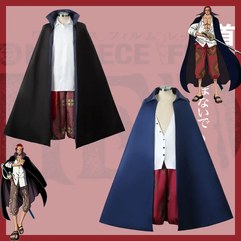 

Anime One Piece Shanks Redhead Cosplay Costume Shirt Printing Pants Belt Black Cloak Coat Red Wig Halloween Party Suit Woman Man