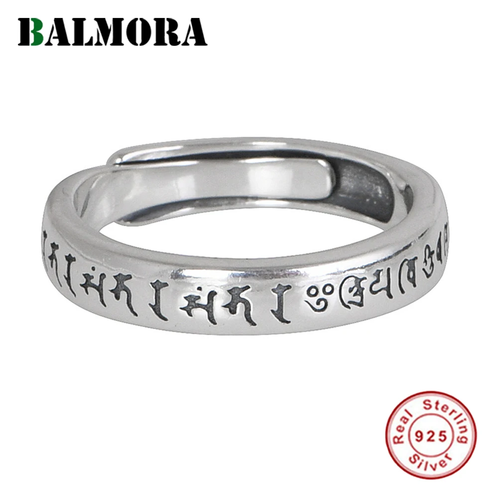 

BALMORA Настоящее Серебро S990 винтажные полые мантра на санскрите Регулируемые кольца на палец для мужчин и женщин подарок буддизм ювелирные изделия на подарок