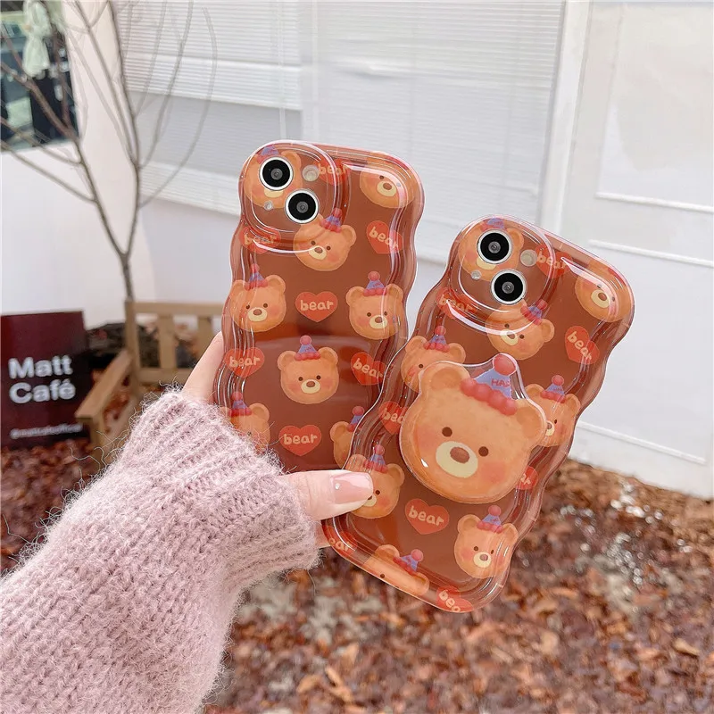 

Cartoon Sweet Cute Biscuit Bear Soft IMD Holder wave Phone Case for iPhone 14 13 Pro Max Back Phone Cover for 12 11Pro Max Capa