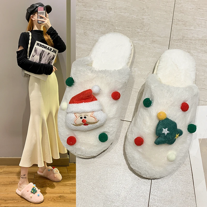

Women Winter Warm Furry Slippers Christmas Soft Bottom Warm Home Plush Flip Flop Shoes Female Covered Toe Flat-heel Slippers New