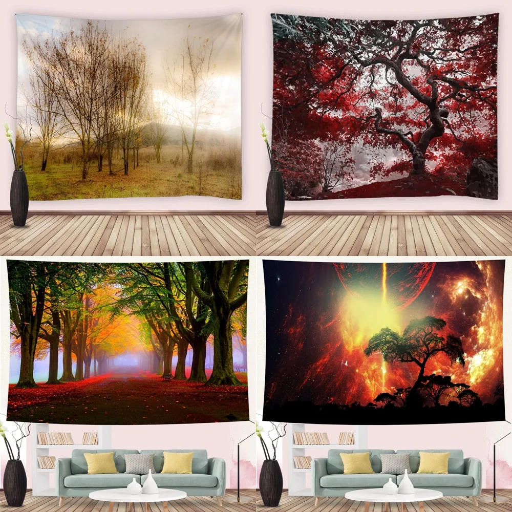 

Red Forest Tapestry Mysterious Rainy Foggy Nature Scene Tree Road Modern Autumn Wall Hanging Tapestries Bedroom Living Room Home