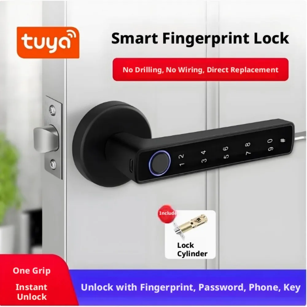 Фото Умный электронный замок Tuya Bluetooth с биометрической разблокировкой по отпечатку пальца и паролю через приложение, интеллектуальная дверная ручка-замок для домашней безопасности №1