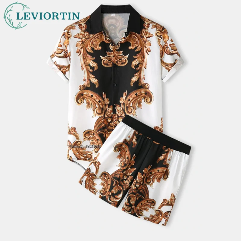 

Mens Luxury Baroque Print Shirts And Shorts 2 Pieces Outfits Casual Short Sleeve Hawaiian Shirt Suits conjuntos curtos