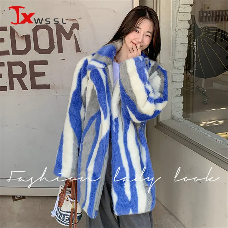 

Black White Gray Three-color Stitching Imitation Mink Fur Coat Women's Suit Collar Mid-length Fur Jacket Winter Warm Plush Coat