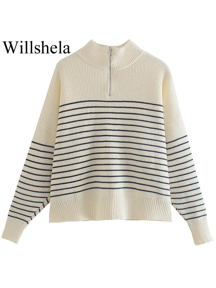

Willshela женский модный полосатый трикотажный пуловер с молнией спереди, винтажный свитер с круглым вырезом и длинными рукавами, женские шикар...