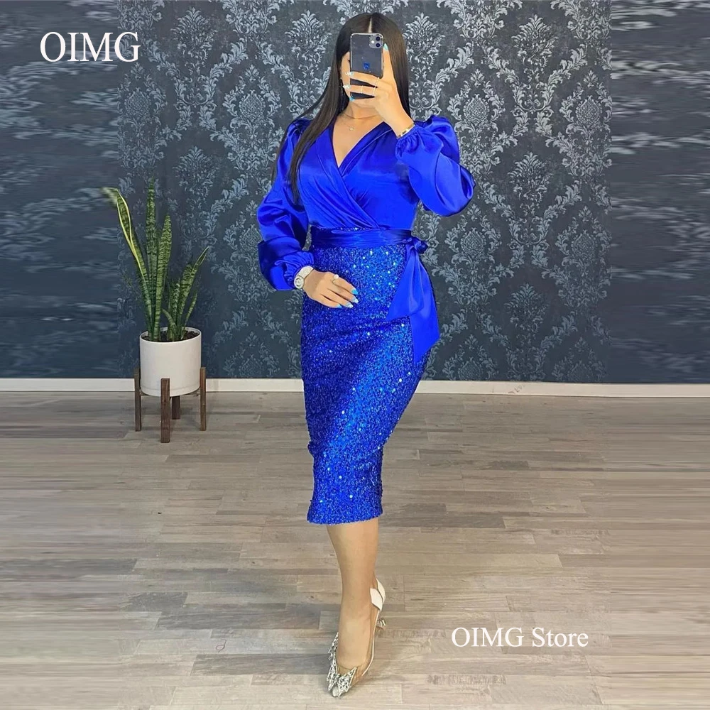 Купи OIMG Royal Blue Sparkly Sequin Skirt Sheath Evening Party Dresses Long Sleeves V Neck Tea Length Women Plus Size Prom Gown за 4,687 рублей в магазине AliExpress