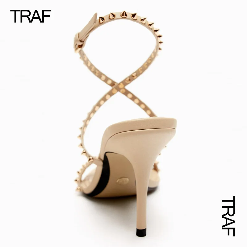 TRAF Women's Rivet Heeled Sandals Summer 2023 Woman Pumps Stiletto Rhinestone Slingback High Heels Sandals Pointed toe Sandals