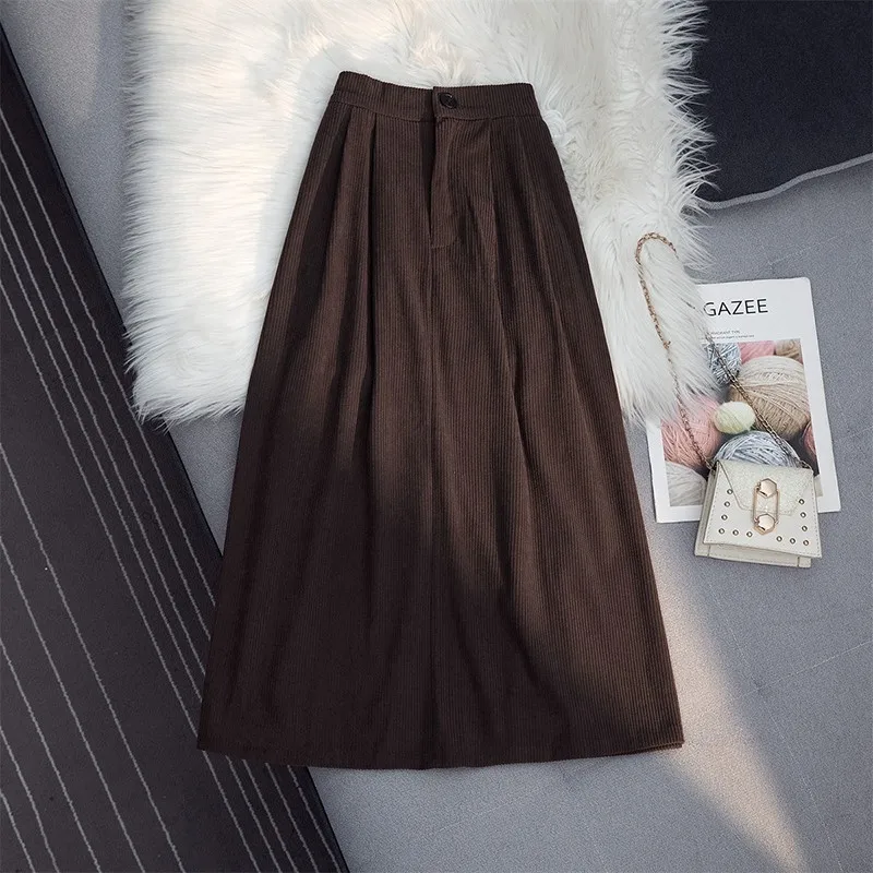 

2022 New Arrival Autumn Arts Style Women Casual Loose A-line Mid-calf Skirt All-matched Elastic Waist Cotton Corduroy Skirt P583