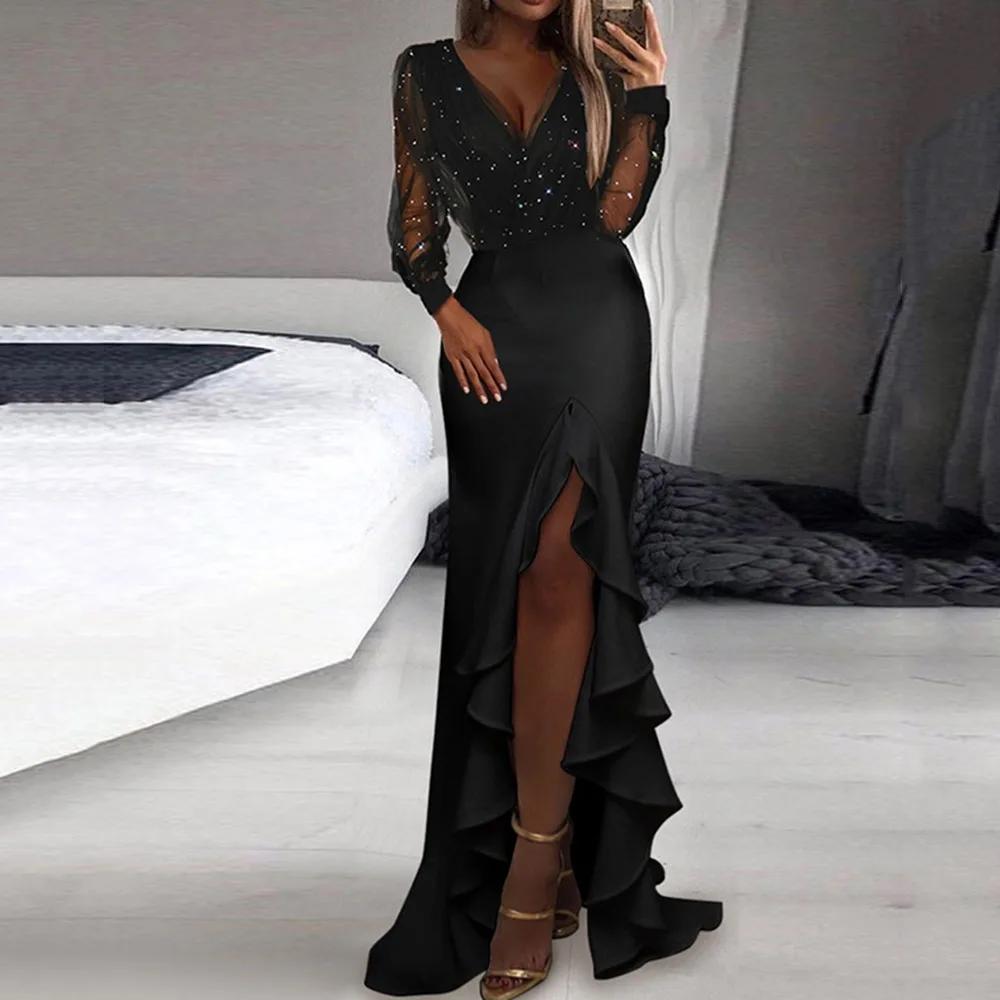 

Women Sexy Dress Long Ruffled Swing Split Mopping Evening Party Dress Black Diamond-studded Mesh Lantern Sleeve Black Vestidos