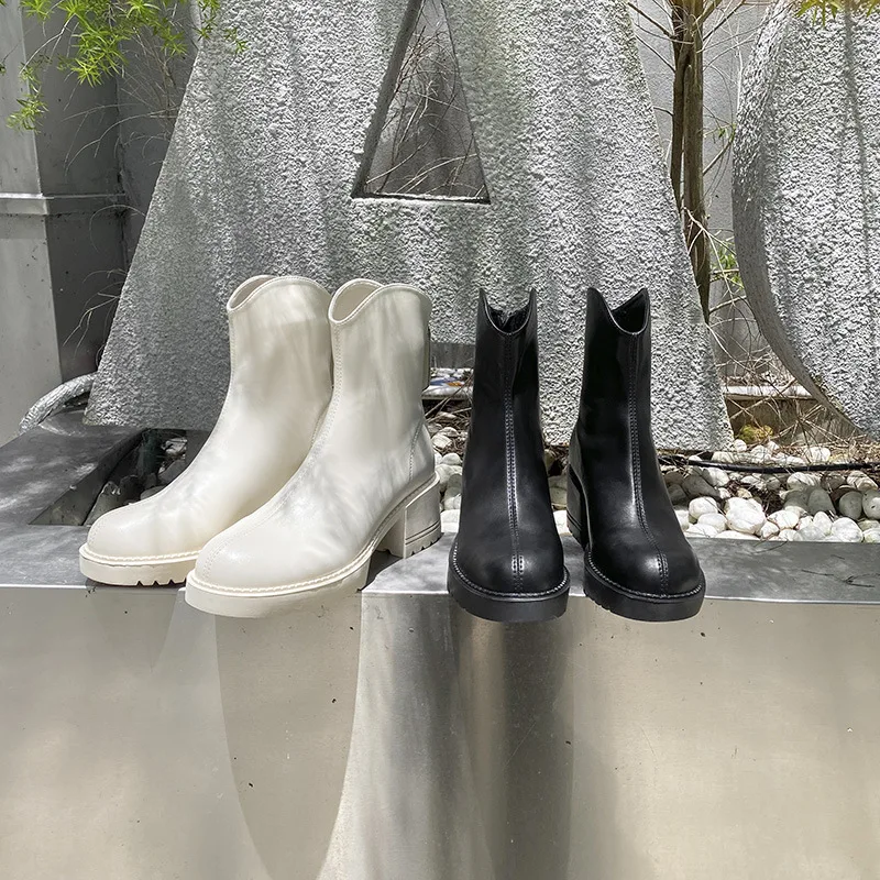 

Женские ботинки до середины икры на молнии, женские ботинки с круглым носком, женская обувь на резиновой подошве, кожаные ботинки больших размеров на высоком каблуке, женские ботинки до середины икры, 2023