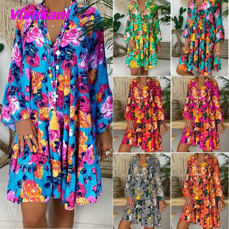 

Women's V-Neck Dress Long Sleeve Single Breasted Floral Printed Female Dress 2022 Summer Fashion Dresses Women Clothes