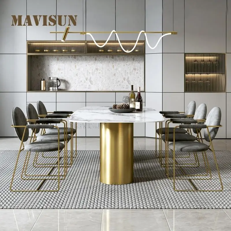 

Luxury Stainless Steel Base Restaurant Furniture White Marble Dining Table And Chairs Nordic Golden Dinning Table Set 4 People