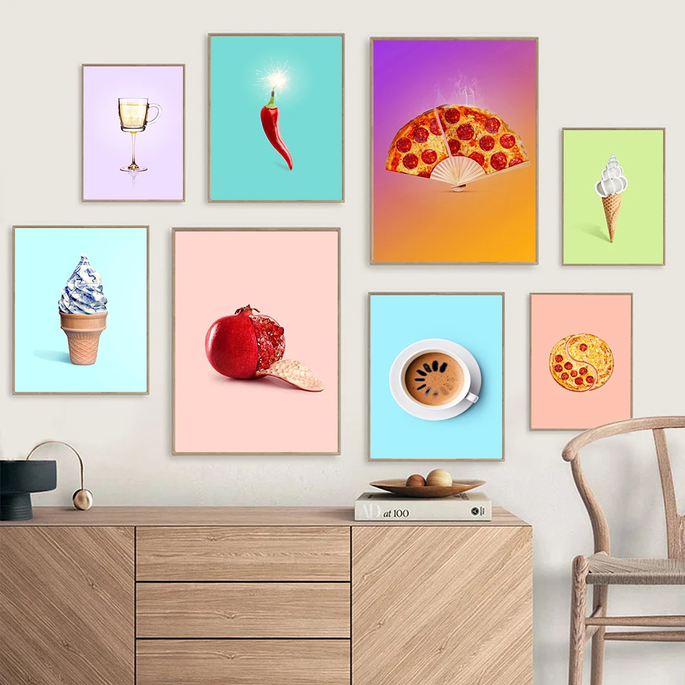 

Pizza Champagne Fruit Cream Poster and Print Cartoon Food Canvas Painting Wall Art Pictures Kitchen Bar Club Room Home Decor