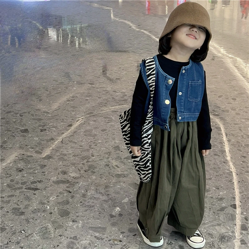 

Autumn Baby Kid Girl Boy Clothes Set Solid Long Sleeve Shirt Demin Vest Pants Outfits Children Girls Costumes 2023 New