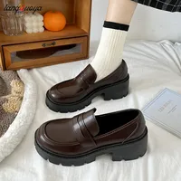 Chunky Loafers Women Platform shoes mary janes Casual Leather Slip On Ladies shoes Black Fashion Spring Autumn College style