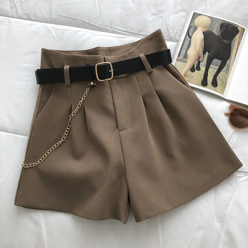 Vintage Wide Leg Shorts Women High Waist Woolen Short Pants with Belt Casual Elegant Summer Pockets Streetwear Chain Office Lady