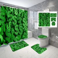 world money bath set creative currency symbol dollar euro ruble shower curtains digital printing square flannel mats for toilet